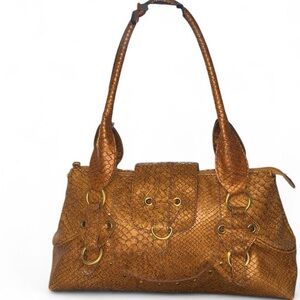Gold faux snake skin shoulder bag with gold hardware